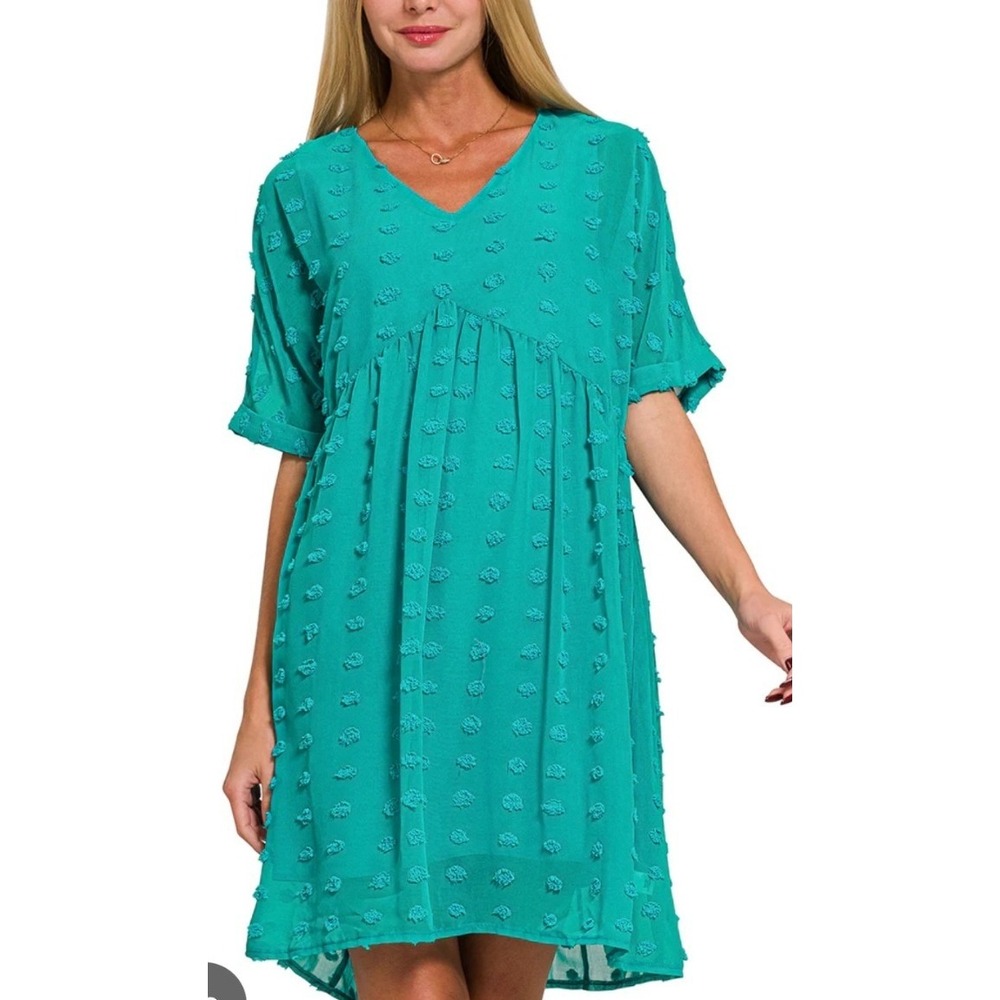 Zenana Teal Green Swiss Dot Babydoll Dress V-Neck Mini Size Med NWOT
